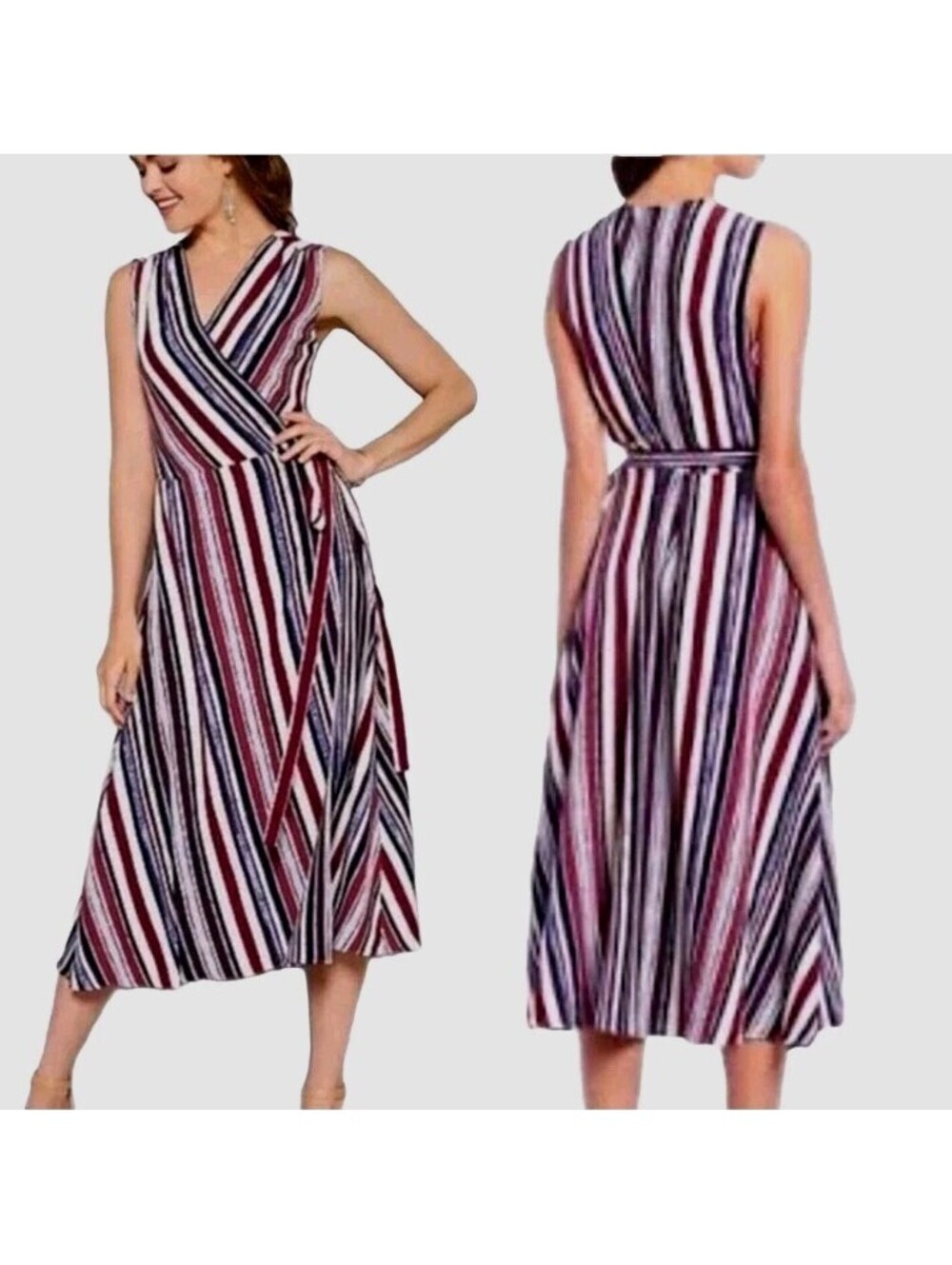 $178 Alex Marie Cassie Dress Sz 12 Surplice Wrap Midi Candy Stripe Sunset Sands
